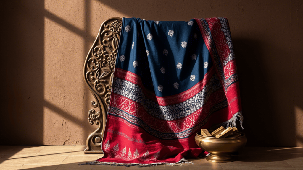 a poetic and luxurious visual composition of a traditional Ajrak shawl — hand-draped across a sculpted wooden stand carved in Mughal floral patterns. The Ajrak is richly dyed in deep indigo and crimson tones, with the iconic white geometric block-print motifs rendered in high detail and slight fabric texture visible. In the background, diffuse side lighting casts gentle shadows against a dark, earthy wall — like raw clay or antique sandstone — to evoke a timeless atelier feel.

A small brass bowl sits beside the Ajrak, filled with hand-carved wood stamps stained with residual indigo and madder, hinting at the craft behind the cloth. Optionally, add a pair of artisan hands mid-folding or smoothing the fabric — age-worn, proud, and patient — subtly entering from the edge of the frame.

Color Palette: Deep reds, muted indigos, aged gold, and organic browns.
Mood: Soulful, still, and reverent — not posed, but intentional.
Style: Cinematic still-life photography with painterly softness. Think Vermeer meets Sindh. Fine-grain detail, high-end lighting, shallow depth of field.