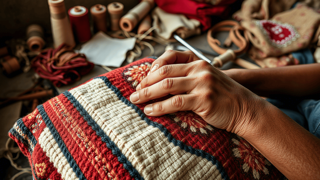 a close-up image of an artisan’s hands gently working on a hand-stitched Rilli (traditional quilt) — fingers threading a needle through layered, colorful fabric pieces. The stitching is intricate, the cloth slightly wrinkled from handling, rich in texture and cultural symbolism.

The scene is softly lit by natural daylight streaming in from the side, highlighting the threads, fabric textures, and slight wear on the artisan’s fingers — evidence of years of care and craft. A few spools of thread, folded fabric patches, or small hand tools are scattered organically in the background, hinting at a humble yet intentional workspace