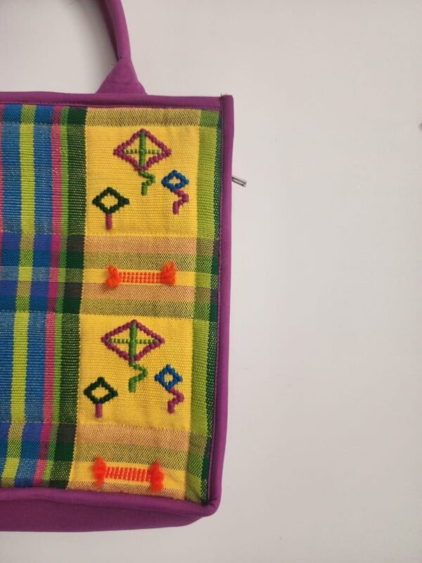 Handwoven Cotton Tote Bag with Geometric Embroidery – Bright Bohemian Elegance - Image 2