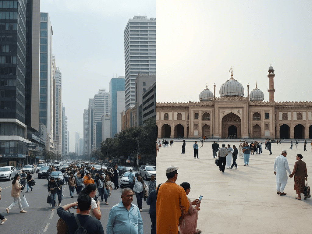 A split-screen image with one side being a modern city, with people on cell phones in busy area. And the other side has no one on it, is a historic site with Pakistanis enjoying it. A sense of belonging and is displayed in the image on the right  with Pakistan's rich Heritage