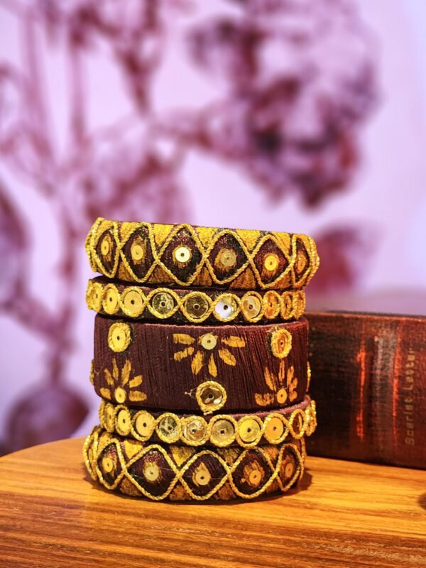 Hand-Embroidered Purple Bangles with Gold Sequins - South Asian Artisan Jewelry - Image 2