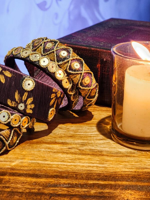Hand-Embroidered Purple Bangles with Gold Sequins - South Asian Artisan Jewelry - Image 3
