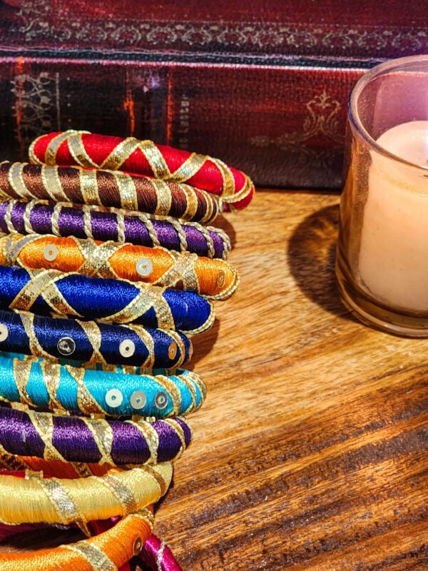 Hand-Embroidered Silk Bangles with Sequin Accents - 6pcs - Image 5
